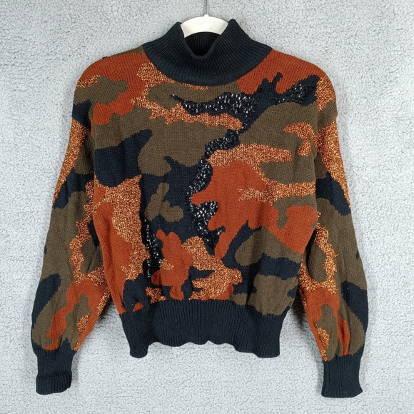 L.B. Diffusion‎ Vintage Camo Sweater Metallic Embellished Mock Neck Pullover - Picture 1 of 7